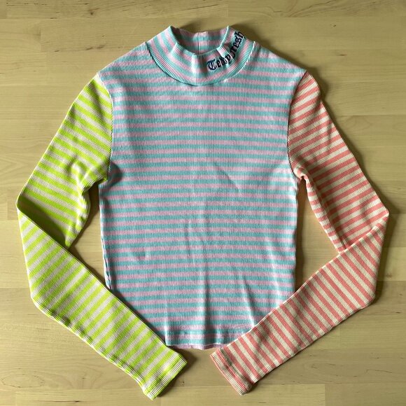 Teddy Fresh Women's Pastel Striped Ribbed Colorblock Mock Neck Blouse size Small - Picture 1 of 5